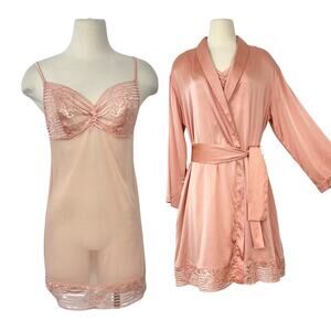La Perla Malizia Silk Matching Set Slip Chemise Dress and Robe Light Peach L/XL